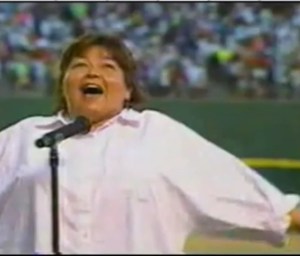 Roseanne Barr at the 1990 San Diego Padres game.