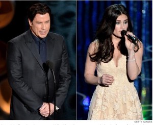 John Travolta, left, and Adele Dazeem, a.k.a. Idina Menzel