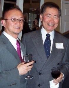 George Take, right, with The Adobo Chronicles publisher at a reception announcing the legendary actor's new position.