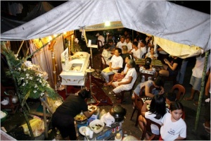 A typical Filipino wake, with lots of food, singing, drinking and gambling.
