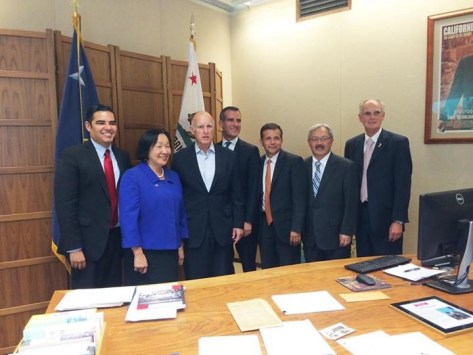 Brown with the mayors. Can you identify all of them? (Clue: the lady in blue is Oakland Mayor Jean Quan)