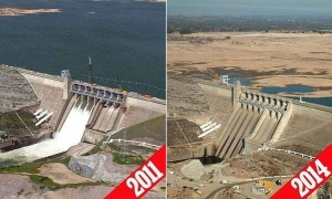 The Folsom Lake Reservoir in 2011, left, and in 2014