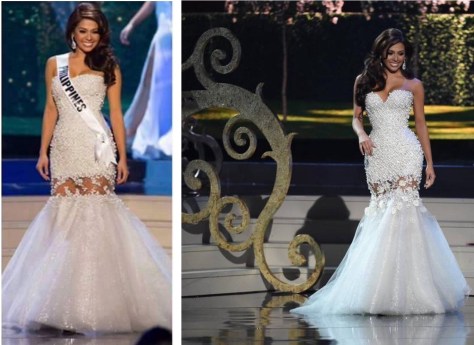 Miss Philippines' evening gown in the Miss Universe Preliminaries, left. The same gown during thr pageant finals, right.
