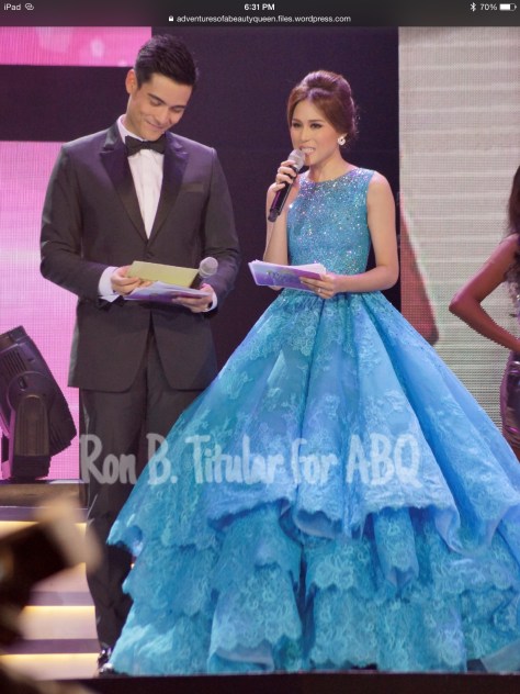 Pageant co-host Toni Gonzaga, right, and her enormous evening gown. (Photo credit: Rob Titular for ABQ)