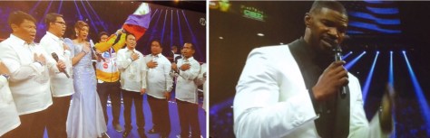 The national anthems of the Philippines (left) and the United States (right) sang at at the MGM Grand Saturday night.