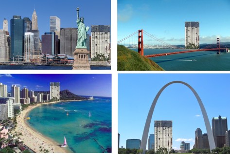 Top left, clockwise: New York, San Francisco, St. Louis, Honolulu