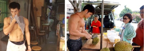 Tofu vendor, left, and durian vendor, right