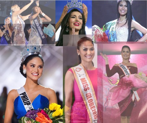 Top left, clockwise: Miss Scuba International, Miss International Queen, Miss Earth, Miss Tourism International, Miss Globe, Miss Universe