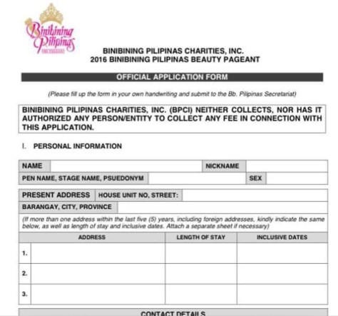 Miss Philippines pageant official entry form (Photo: Jonathan Santos)