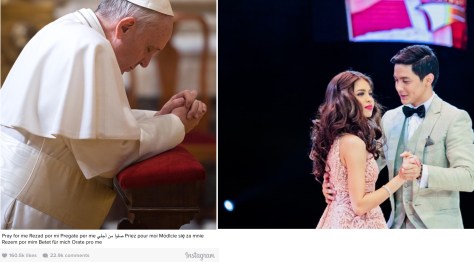Left, Pope Francis' first Instagram photo; right the AlDub team of Alden Richards and Maine Mendoza