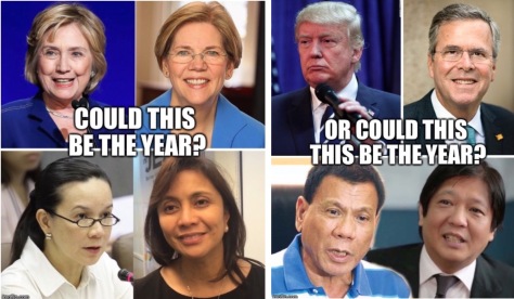 Top, L-R: Clinton, Warren, Trump, Bush; Bottom, L-R: Poe, Robredo, Duterte, Marcos